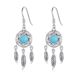 Dream Catcher Earrings 925 Sterling Silver Feather Earring Turquoise Hook Earring Dreamcatcher Earring for Women Dreamcatcher Drop Dangle Earrings Jewellery Gifts for Women Girls