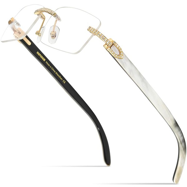 HEPIDEM 100% Really Buffalo Horn Handmade Glasses Rimless Diamonds Eyeglasses 0015 (Diamond Black White, 53)