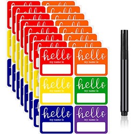 120 Pieces Hello Name Tags with Black Marker Pen, Hello My Name is Stickers Newborn Baby Name Sticker Labels for School Office Home (Multicolor)