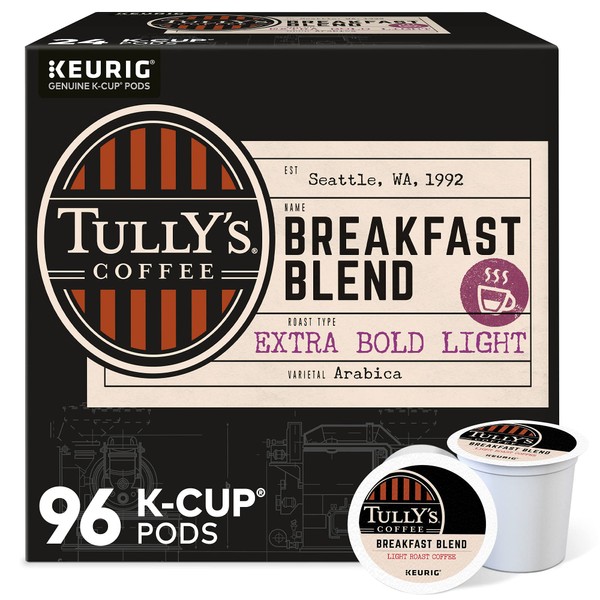 Tully's Coffee, Breakfast Blend, Single-Serve Keurig K-Cup Pods, Medium Roast Coffee, 96 Count (4 Boxes of 24 Pods)