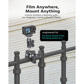 ROZOER Magnetic Camera Mount Clamp for DJI Osmo Action 5 Pro/4/3 with Crab Clamp Max 2.75"/70mm + 3.84" Ballhead Magic Arm & Magnetic Quick Release Adapter