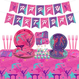 Gymnastics Birthday Party Decorations - Gymnastics Theme Party Supplies for Your Little Dance Gymnasts with Gymnastics Banner, Tablecloth, Plates, Napkins, Tableware, Serves 20