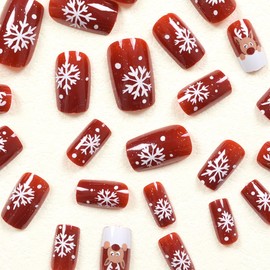 24Pcs Christmas Press on Nails Short Square Fake Nails with Elk Designs Winter Xmas Snowflake False Nails Full Cover Red Stick on Nails Cute Christmas Acrylic Nails for Women Manicure Kit