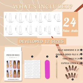 Fall Press on Nails Extra Long Matte Full Cover Acrylic Nails Autumn Maple Leaf Flame Pattern Fake Nails Square Fall Coffin Glue on Nails Artificial False Nails with Glue for Women Girls 24Pcs