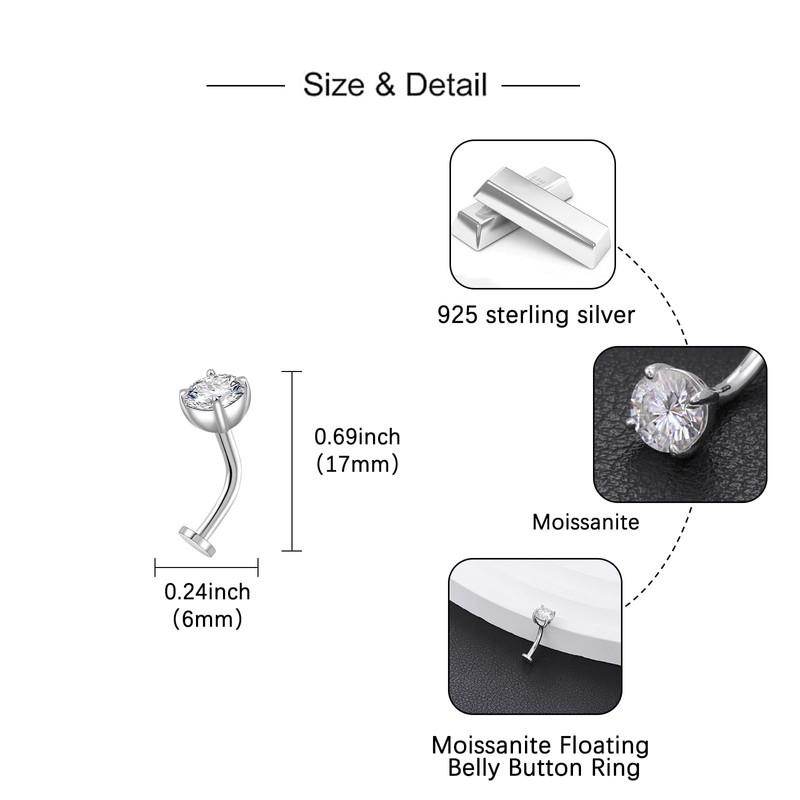 Senpotly 0.8ct 925 Sterling Silver Moissanite Floating Belly Button Ring