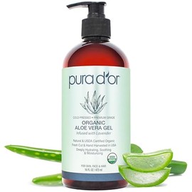 PURA D'OR Organic Aloe Vera Gel Original Lavender Scent (16oz) USDA Certified - Deeply Hydrating, Moisturizing Skin & Hair - Sunburn, Bug Bites, Rashes, Small Cuts, Eczema Relief (Packaging may vary)