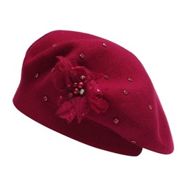 ZLYC Womens French Beret hat, Reversible Solid Color Cashmere Mosaic Warm Beret Cap for Girls(Bead Flower Burgundy),One Size