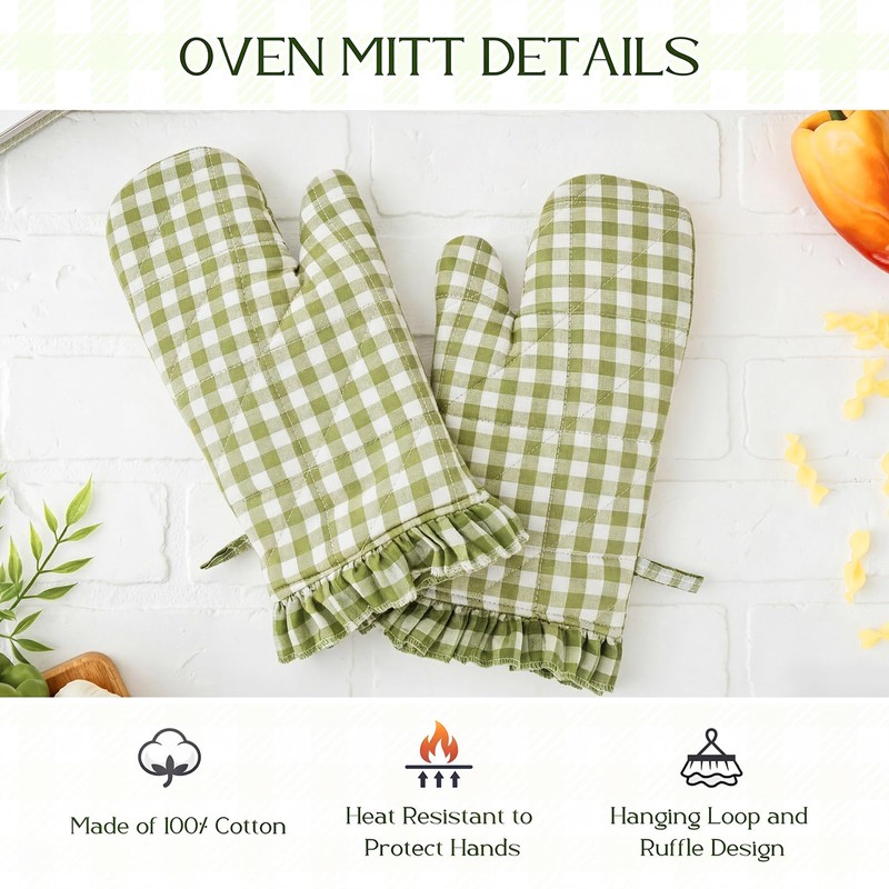 Twistover Checkered Oven Mitts 2-Pack Set, 13.5"x6.5" Cotton Mitts Plaid