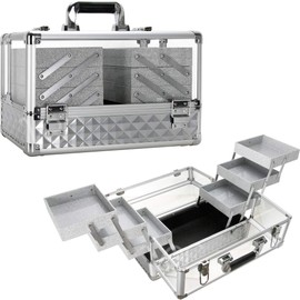Ver Beauty Makeup Train Case 14 inch Armored Acrylic Large Portable Cosmetic Case 6 Trays Professional Storage Organizer Box Make Up Artist Jewelry Nail Kits Crafts Display Brush Holder- Silver