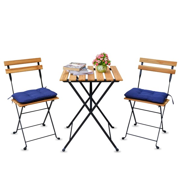 BEEFURNI Wooden Folding Table and Chairs with Cushions for Small Spaces, Teak Wood Bistro Set 3 Piece Outdoor Indoor, No Assembly Required, Perfect Size for Your Balcony, Garden, Backyard, Patio