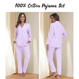 ANLIQI 100% Cotton Pajamas for Women Button Down Pajamas Long Sleeve Top & Pant Sleepwear Loungewear Pj Set with Pocket, Light Purple, Medium