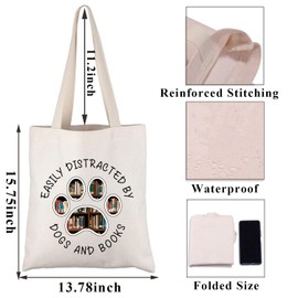 PLITI Easily Distracted By Dogs And Books Animal Book Lover Tote Bag For Bookworm Librarian Reading Lover Gift Dog Mom Gift (distracted book dog TGCA)