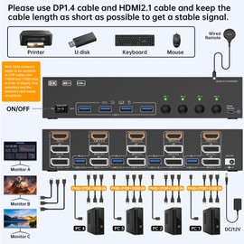 HDMI Displayport KVM Switch 3 Monitor 4 Computer 8K@60Hz/4K@144Hz KVM Switches with 4 USB 3.0 Port,Wired Remote,Power Adapter and 4 USB3.0 Cables Included