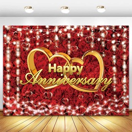 Qian Valentine's Day Red and Gold Happy Anniversary Photography Backdrop 7 * 5ft Flower Red Rose Sweet Couple Photo Background Polyester Wedding Anniversary Party Banner Home Decorations