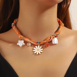 KummerSaprk Scarf Necklace with Charm Puffy Heart Bow Flower Charms Bandana Necklace Emerald Necklaces Jewelry Gifts for Women