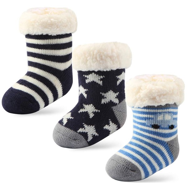 3 Pairs of Cotton Socks for Toddlers Boys Girls Non-Slip Winter Socks Baby Boy Baby Girl Christmas Socks, 3 Pairs Boys