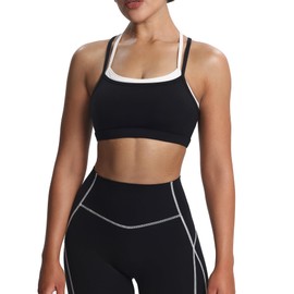 Aoxjox Women's Workout Sports Bras Takes Two Bra Training Fitness Running Yoga Crop Tank (Black and White, Medium)