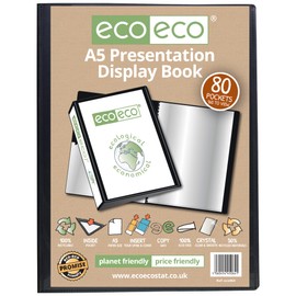 eco-eco A5 Size 50% Recycled 80 Pocket Black Presentation Display Book, Storage Case Portfolio Art Folder with Plastic Sleeves, eco064x2, (Pack of 2 Books)