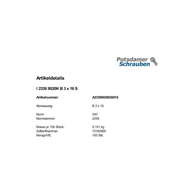 100 Taper Pins ISO 2339 9S20K B 3x16 Steel