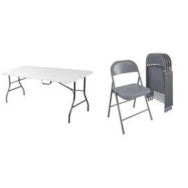 Bundle of COSCO Fold-in-Half Banquet Table w/Handle, 6ft, White + Cosco SmartFold All-Steel Folding Chair, 4-Pack, Grey