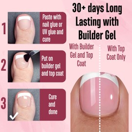 NOVO OVO Fake Toe Nail Tips Press on, French Tip Soft Gel Toenail Extension, BABY PINK Square Round Pre-applied Tip Primer & Base Coat, Full Cover Matte False Nails for DIY x 15 Sizes 360Pcs