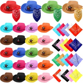 Leumoi 48 Pcs Cowboy Hats with Bandanas Straw Western Party Hats Bulk Multicolor Cowgirl Cowboy Hats Party Pack for Cosplay Western Themed Party Decor Dress Costume Accessories