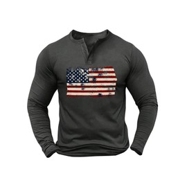 WDIRARA Men's Distressed American Flag Graphic Henley T-Shirts Long Sleeve Casual Basic Tee Tops Grey Striped X-Large