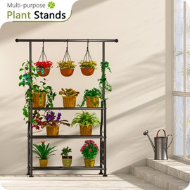 GIOTORENT Plant Stand Indoor Outdoor, 3-Tier Heavy Duty Metal Shelves, Display up to 14 Multiple Plants, Tall Plant Holder with Plant Hanger, Suit for Patio Living Room Garden Balcony, 5 Hooks, Black