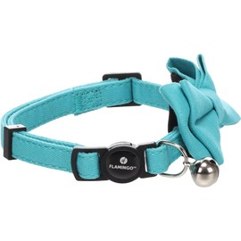 Flamingo Lomi Collar with Bow Light Blue - 20-35 cm x 10 mm x 2 mm, with Removable Bow and Cat Ribbon for Cats