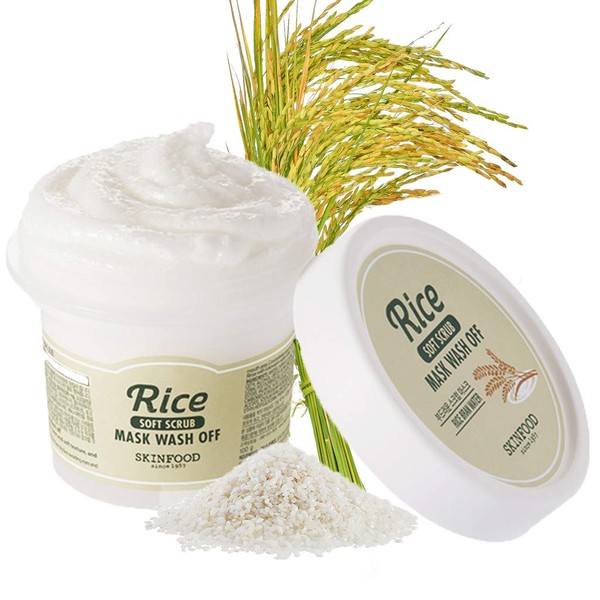 SKINFOOD Mask Rice 100g - White Rice Exfoliating Scrub Wash Off Face Masks for Darken Skin - Facial Cleanser, Pore Exfoliator, Soften Body Skin - Safe For Men and Women (3.52 oz)