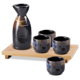Xnqelerate 6 Pieces Japanese Sake Set, Ceramic Sake Cup Set with 1 Tokkuri Bottle, 4 Ochoko Cups and 1 Bamboo Tray for Hot or Cold Sake Porcelain Sake Bottle Saki Set