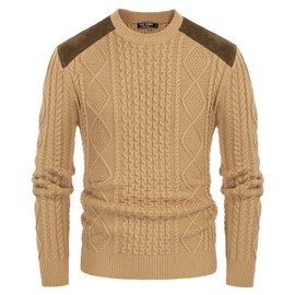 Men's Classic Retro Long Sleeve Crewneck Warm Cable Knit Military Uniform Pullover Sweater with Suede Panel on Shoulders Camel