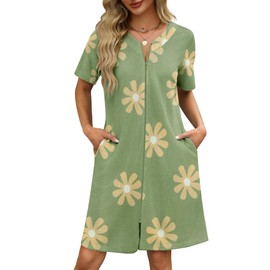Ekouaer Women Zipper Robes Waffle Short Bathrobe Lightweight House Coat with Pockets Soft Nightgown(Green Floral, 3X-Large)