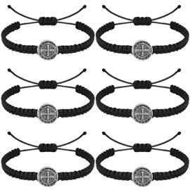 MESARCH 6 Pieces Religious Protection Bracelet Catholic Virgen De Guadalupe Bracelet San Benito Bracelet Jesus Cross Bracelet Handmade Adjustable for Women Men(Black String -1)