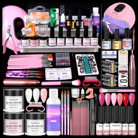 Acrylic Nail Kit with Drill - Complete Starter Set for Beginners White Pink Clear Acrylic Powder,Base & Top Coat,6 color gel nail polish,Tools, Glitters(Pink)