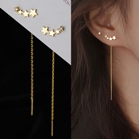 TseenYi Star Threader Earring CZ Stars Ear Climber Earring Long Chain Threader Earring Gold Bar Long Earring Vintage Star Chain Earring Boho Long Pull Threader Earrings for Women Girls