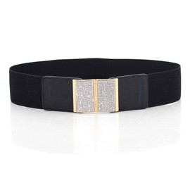 Trimming Shop Women Elasticated Waist Belt for Formal, Casual Wear Golden Buckle with Diamante, Adjustable, Stretchable, 65mm Wide, 40" Inches