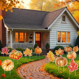 Bencailor 12 Pcs Fall Yard Signs Pumpkin Maple Leaf Yard Stakes Fall Garden Sign Outdoor Decoration with Stakes Thanksgiving Harvest Lawn Decor for Home Autumn Party Favor Supplies