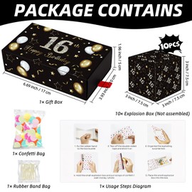 Giftota Happy 16th Birthday Surprise Gift Box Explosion for Money - 16th Black Gold Money Gift Box Explosion with Confetti - Cash Gift Idea for Boys Girls - Pop Out Folding Bounce Explosion Gift Box