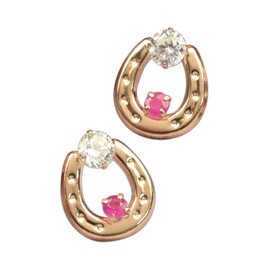 Four Leaf Clover: Ma445 Ruby Zirconia, 10K Gold Horseshoe, Horseshoe Earrings, K10, Pink Gold, July Birthstone, Women's, Ruby