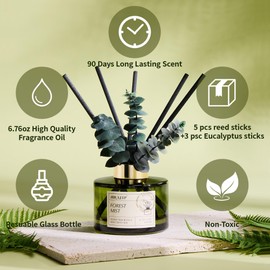 Airkeep Reed Diffuser Set with 6.76 fl oz Forest Mist Scent Essential Oils and 3 Leaves & 8 Diffuser Sticks,Bathroom Shelf Decor & Air Freshener, House Bedroom Office Decor & Gifts