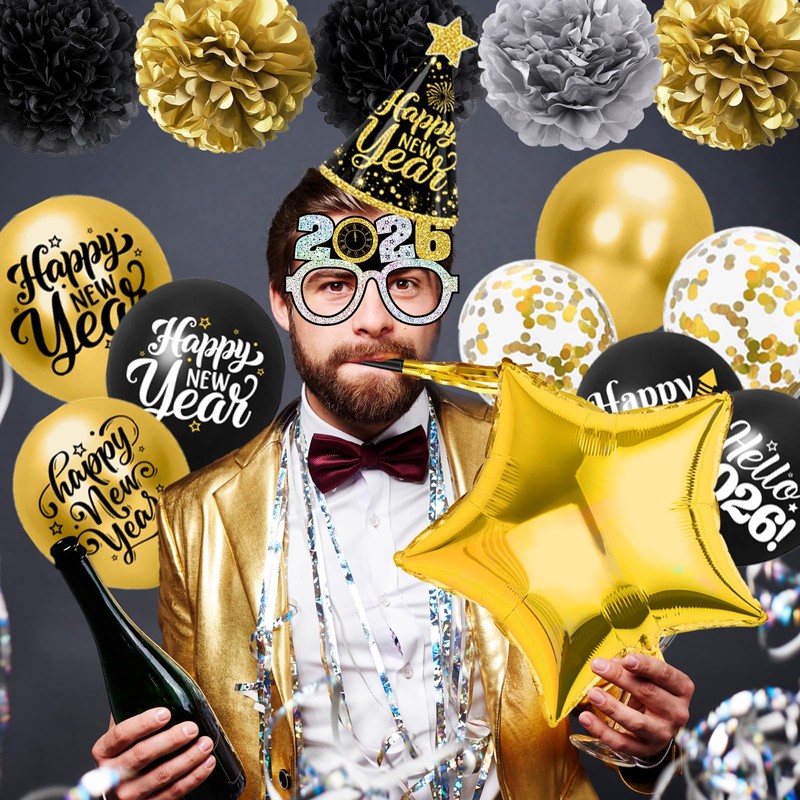 New Year Decorations 2026 - Black Gold Happy New Year