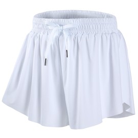 DIPUG Girls Butterfly Shorts with Pocket 2-in-1 Flowy Athletic Skorts for Running, Dance, Cheer, 12-13 White