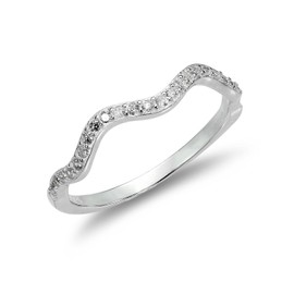 Sterling Silver 2mm Wave Ring with Clear CZ Crystals - UK Size - U (I - U Available)