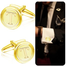 Mens Classic Stainless Steel Initial Cufflinks 26 Alphabet Initial Letter Cufflinks Gift for Father Husband Boyfriend Engagement Anniversary Party Bussiness Wedding Shirts A-Z (Gold-T)