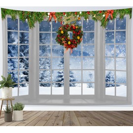 HVEST Christmas Tapestry Wall Hanging Winter Snow Forest outside White Window Tapestry for Bedroom, Nature Landscape Christmas Wall Art for Living Room Dorm Home Decor Backdrop, 40L X 60W inches