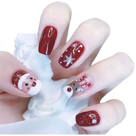 24Pcs Christmas False Nails - Press on XMAS Nails - Red White Fake Nails with Santa, Reindeer & Snowflake - includes Gel Stickers AND Nail Glue XMAS01