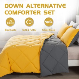Decroom Lightweight King Comforter Set with 2 Pillow Sham - 3 Pieces Set - Quilted Down Alternative Comforter/Duvet Insert for All Season - Yellow/Grey- King Size