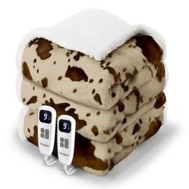 blunique Cow Print Electric Heated Blanket Queen-Dual Control Heating Blanket Queen Size with 10 Heat Levels & 10 Hours Auto-Off, Cozy Soft Fleece Sherpa, Washable, 84x90 Inche Cow Print Apricot