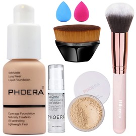 PHOERA Foundation,PHOERA Makeup,PHOERA Matte Liquide Foundation Full Coverage,PHOERA Primer,PHOERA Powder,PHOERA Concealer,Kabuki Makeup Brushes Foundation Brush,2 Makeup Sponge (#103 Warm peach)